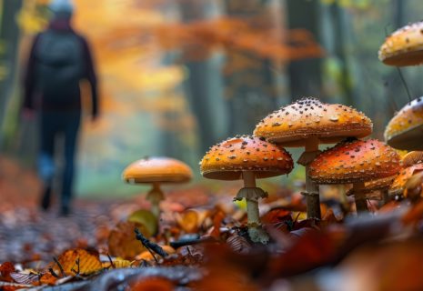 individual strolling in a woodland filled with mushrooms. concept enchanted forest, mushroom walk, nature portrait, solo adventure, woodland exploration